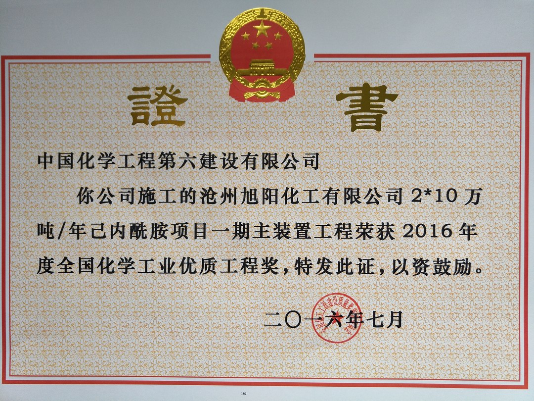 ＂National Chemical Industry Quality Engineering Award in 2016＂ for 2* 100,000 t/y Caprolactam Pro